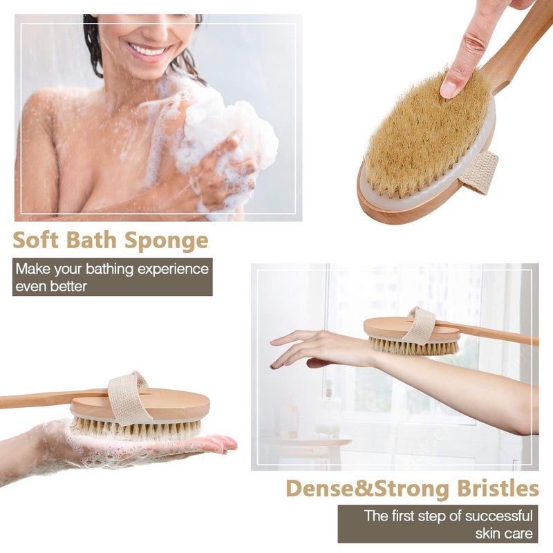 Bamfan Body Brush for Bath or Shower - Dry or Wet Skin Exfoliating Long Wood Handle Back Scrubber with White Sponge - Image 5